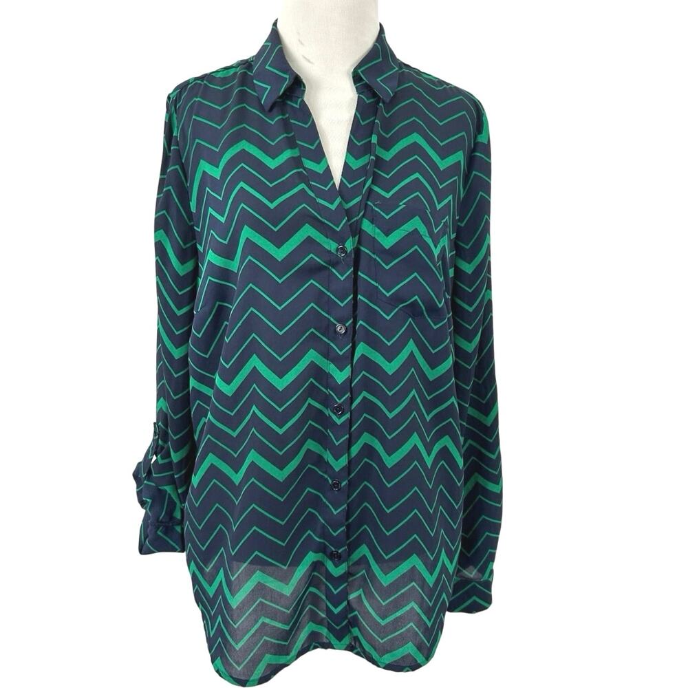 The Limited Large Green Navy Chevron Blouse Button Down Roll Tab Sleeve Shirt